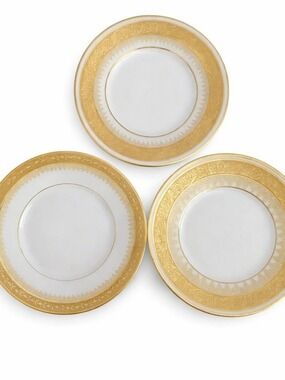 M Redon Limoges France Dessert Plates Set of 3 Antique Gold Filigree 4.5 Inch